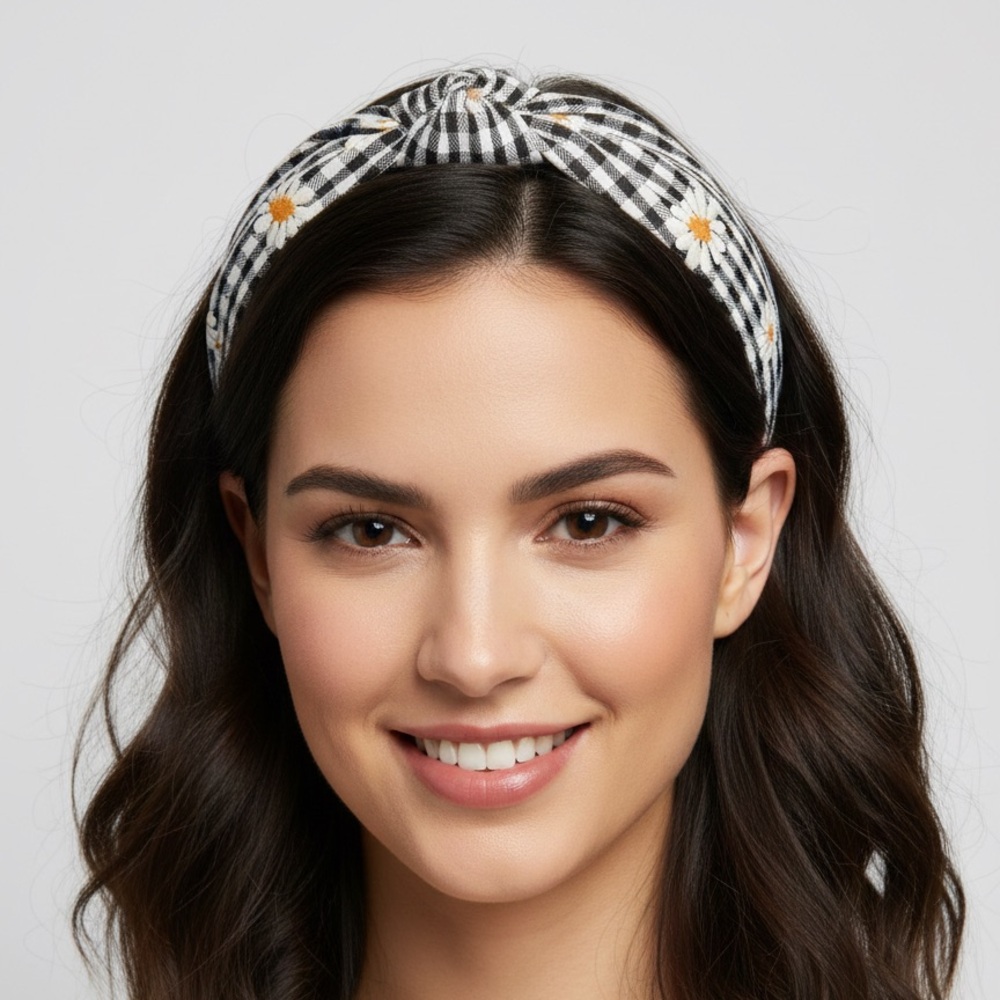 Black and White Checkered Headband with Daisies- NEW